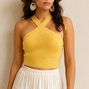 A&F Butter Yellow Ribbed Knit Crisscross Halter Top - M